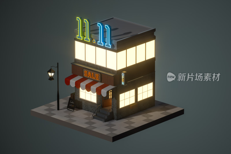 商店店铺模型与双十一标识 3D渲染