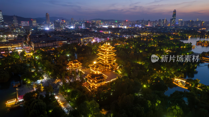 山东济南大明湖夜景航拍灯光