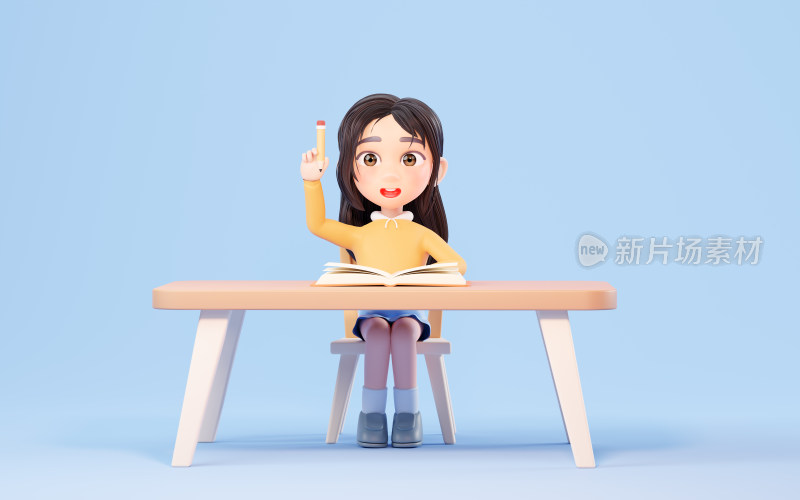 认真学习的卡通女孩3D渲染