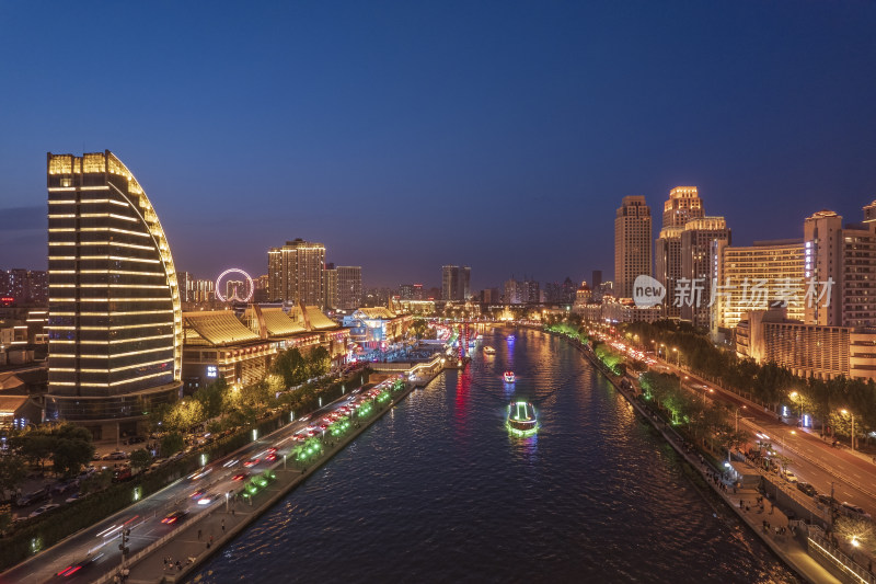 天津海河古文化街码头城市风光夜景航拍