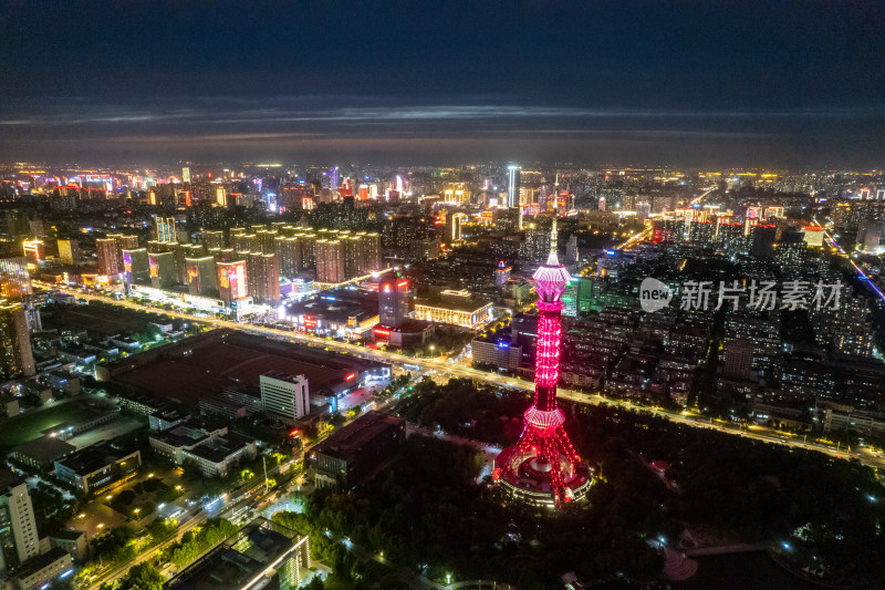 石家庄电视塔夜景航拍图