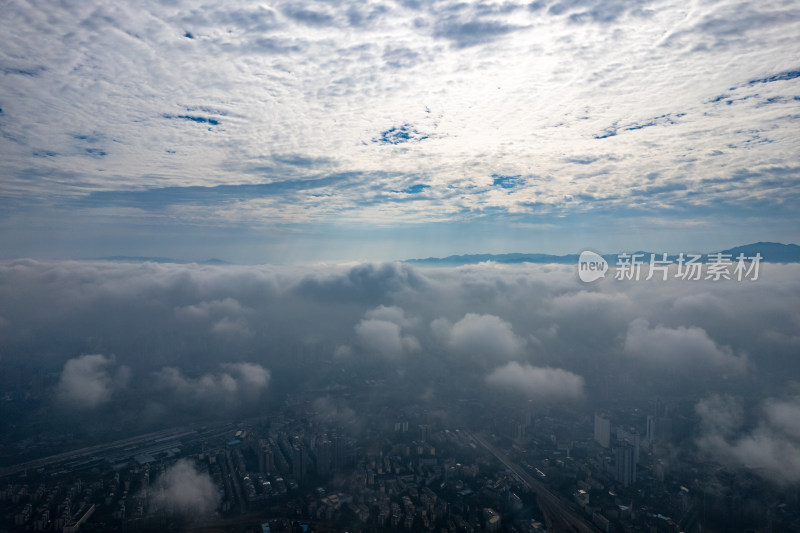 湖南长沙清晨日出迷雾航拍图