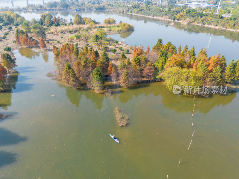 福州多彩树林沿水域分布的自然风景航拍