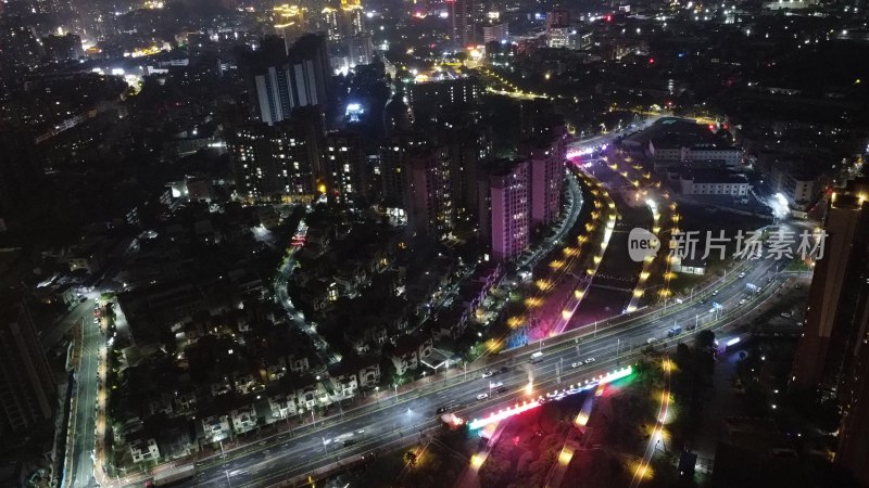 航拍广东省东莞市清溪镇夜景城市风光