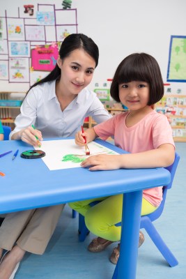 幼儿园女老师辅导儿童画画