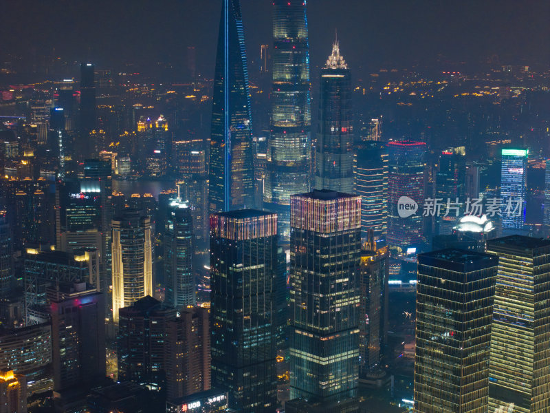 航拍上海陆家嘴高金融中心密集高楼群夜景