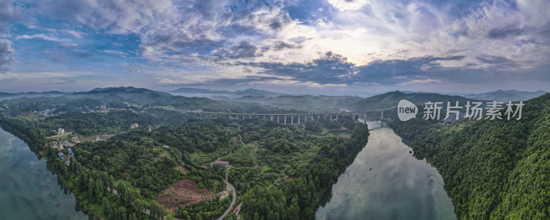 山川丘陵高铁轨道高架桥全景图