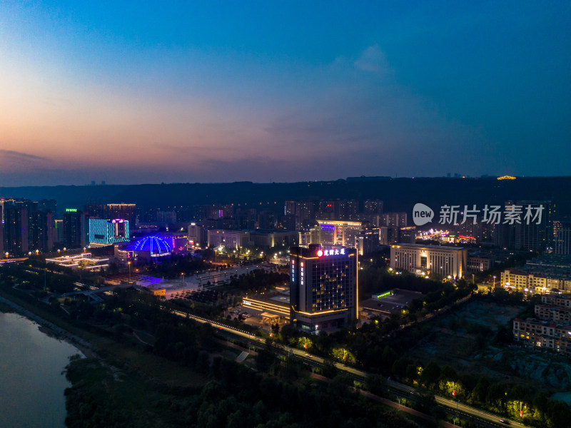 宝鸡城市夜幕降临夜景航拍图