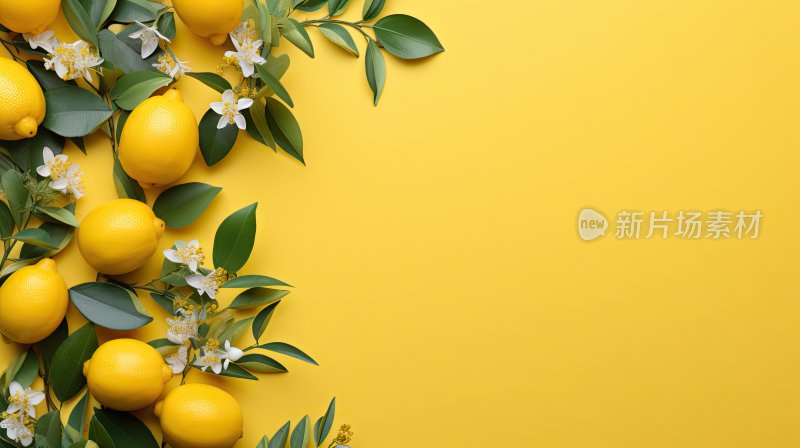 创意水果图片，新鲜的黄色柠檬与叶子背景