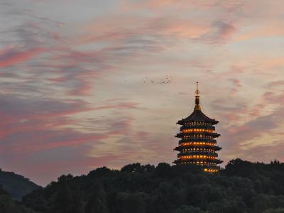 暮色中灯火通明的雷锋塔全景