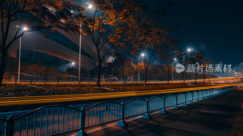 夜晚道路灯光璀璨车辆飞驰而过的景象