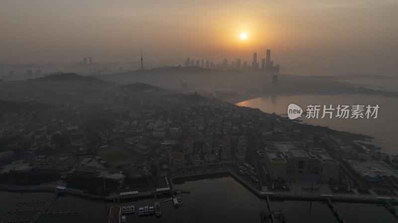山东青岛老城区日出航拍