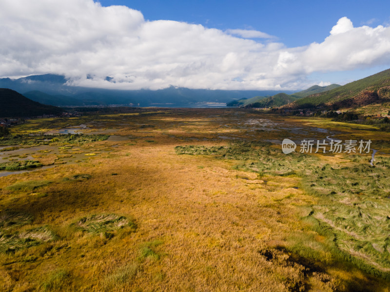 航拍云南泸沽湖走婚桥草海秋天风光