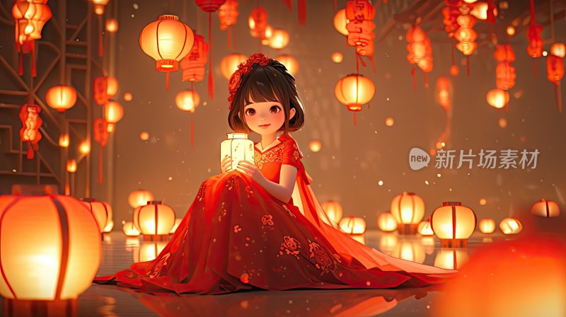 3D卡通人物，穿着汉服的中国女孩