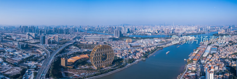 广州番禺珠江东沙桥与广州圆大厦航拍全景