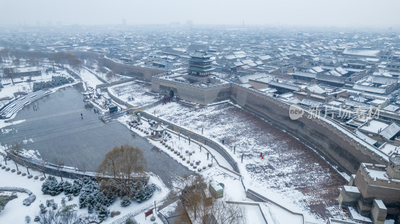 山西晋中平遥古城雪景航拍风景宣传