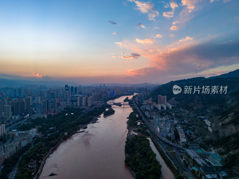 兰州城市夕阳夜景航拍图