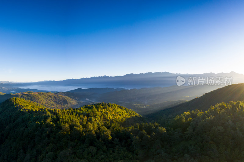 阳光下的山林风光鸟瞰全景