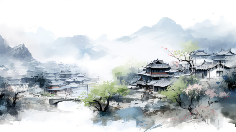 村庄和山水树木的中国风景观