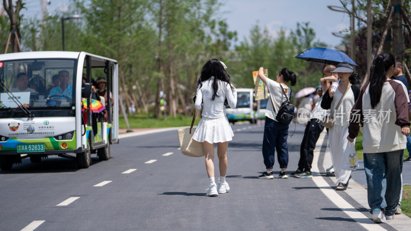 成都世界园艺博览会里的电瓶车繁忙场景