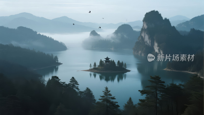 禅意湖心岛古亭迷雾山水唯美背景图