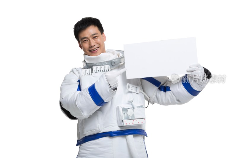 棚拍中年男宇航员拿着白板