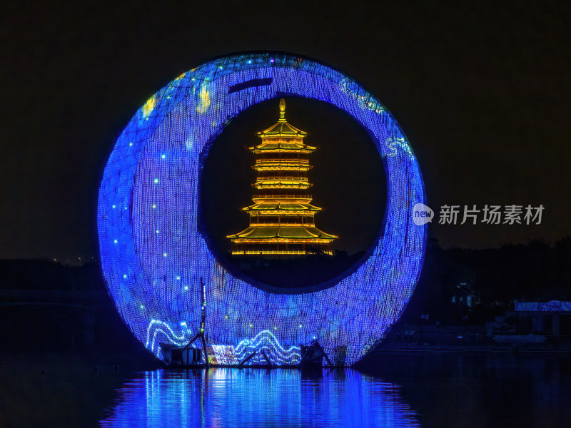 福建厦门集美水月广场杏林阁日落夜景航拍