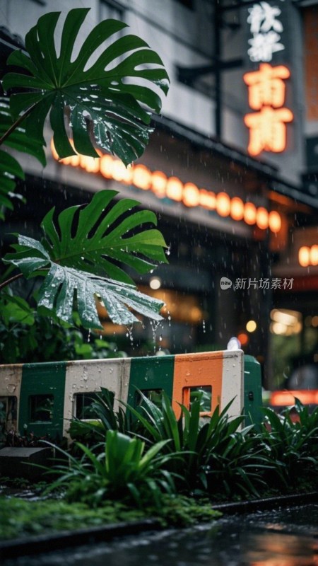 雨中街道绿植与店铺招牌