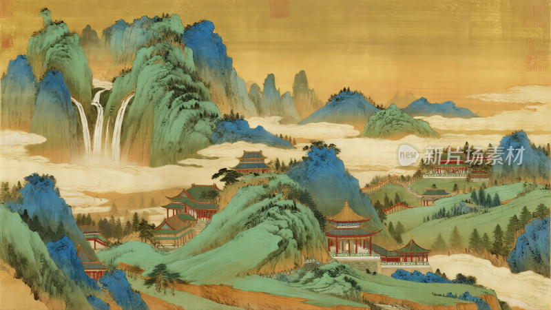 中秋节国风青绿山水画传统文化艺术背景