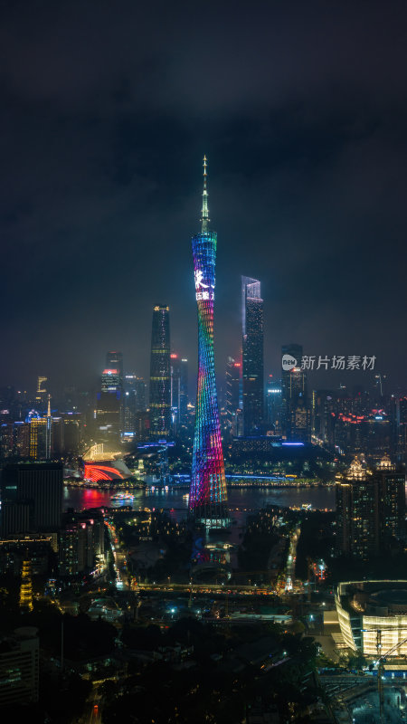 广东广州塔CBD三件套蓝调夜景高空航拍