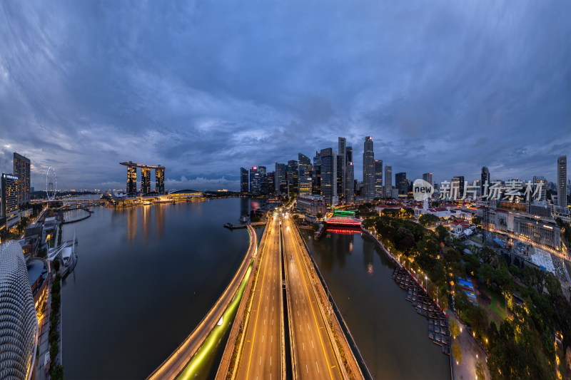 新加坡滨海湾金沙海滨奥林匹克蓝调夜景航拍