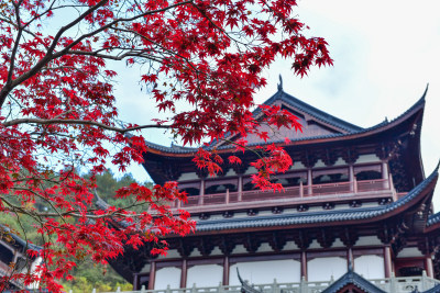 红枫叶古建筑背景