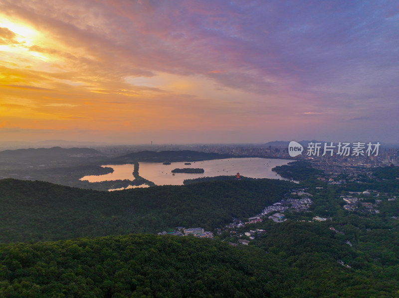 日落下的杭州西湖晚霞航拍