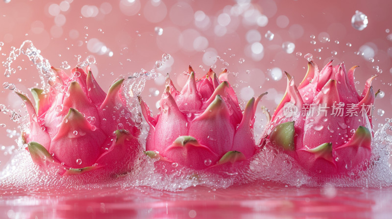 三颗火龙果入水溅起水花