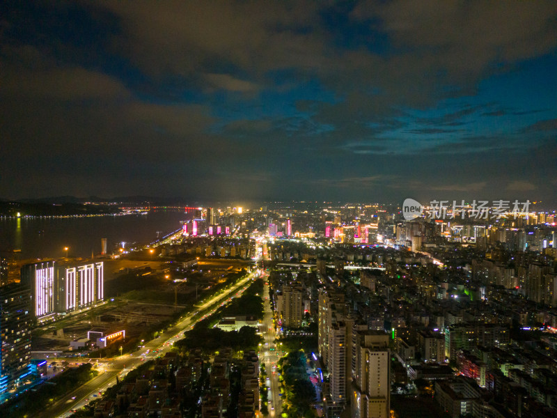 广东汕头城市夜景灯光交通航拍