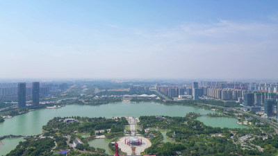 航拍河南商丘市日月湖景区