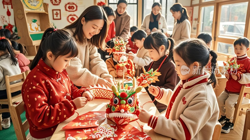 幼儿园学生参与制作龙帽、舞福龙等民俗活动