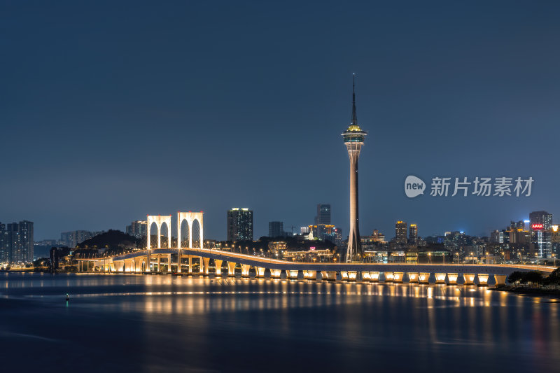 澳门半岛新葡京澳门塔CBD晚霞夜景