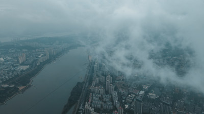 航拍福州阴天云雾风景