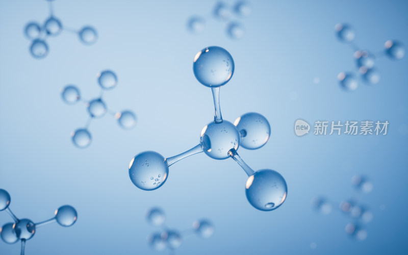 透明分子与蓝色背景3D渲染