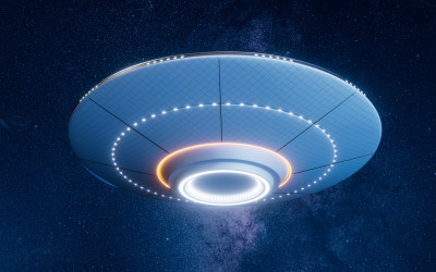 UFO与外太空星球背景3D渲染