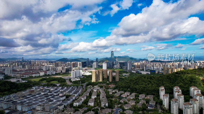 浙江台州城市天际线蓝天白云航拍