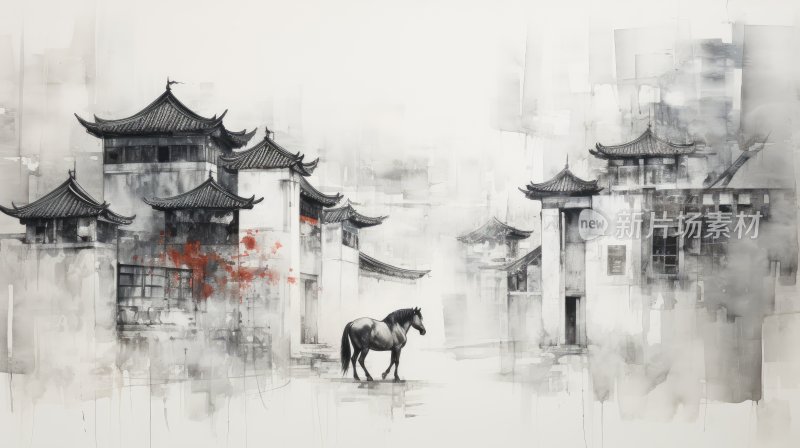 中国水墨画，南方徽派建筑