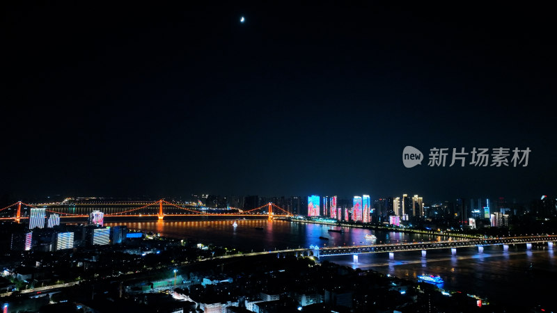 武汉城市月亮夜景航拍长江大桥夜景风光