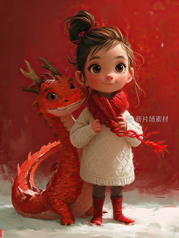 新年卡通插图，可爱的中国龙和男孩女孩