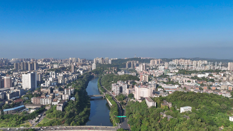 航拍四川自贡城市建设釜溪河风光