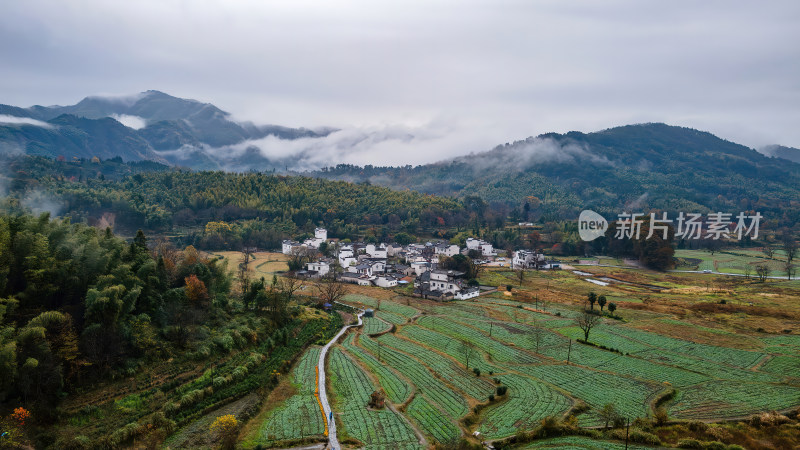 安徽塔川徽派山涧白墙建筑群航拍