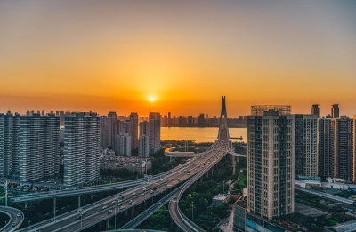 武汉二七长江大桥互通式立交夜景航拍风光