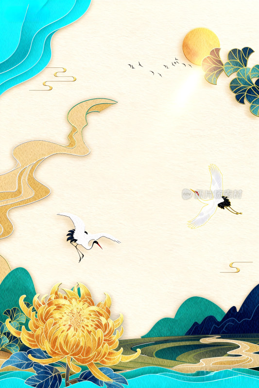 中国传统节日重阳节中式古风仙鹤花卉背景图