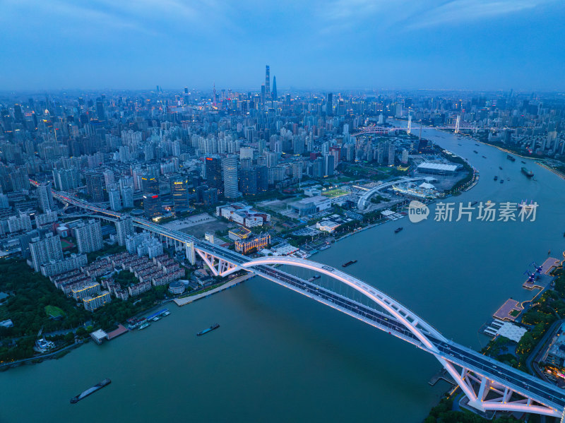 航拍上海城市夜景卢浦大桥世博园